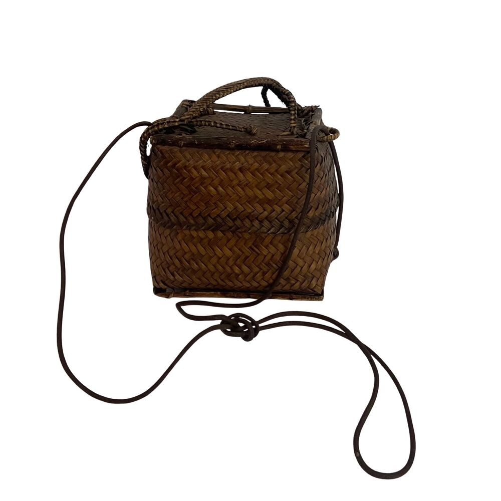 VTG Japanese Bamboo Ikebana Woven Wave Lidded Basket Purse Square Bag
